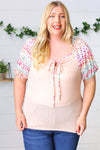 Peach & Floral Tie Neck Bubble Sleeve Top *online exclusive-[option4]-[option5]-Cute-Trendy-Shop-Womens-Boutique-Clothing-Store
