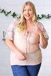 Peach & Floral Tie Neck Bubble Sleeve Top *online exclusive-[option4]-[option5]-Cute-Trendy-Shop-Womens-Boutique-Clothing-Store
