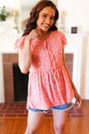 Peach Floral Button Tie Neck Babydoll Top *online exclusive-[option4]-[option5]-Cute-Trendy-Shop-Womens-Boutique-Clothing-Store