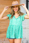 Green Floral Button Tie Neck Babydoll Top *online exclusive-[option4]-[option5]-Cute-Trendy-Shop-Womens-Boutique-Clothing-Store