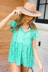 Green Floral Button Tie Neck Babydoll Top *online exclusive
