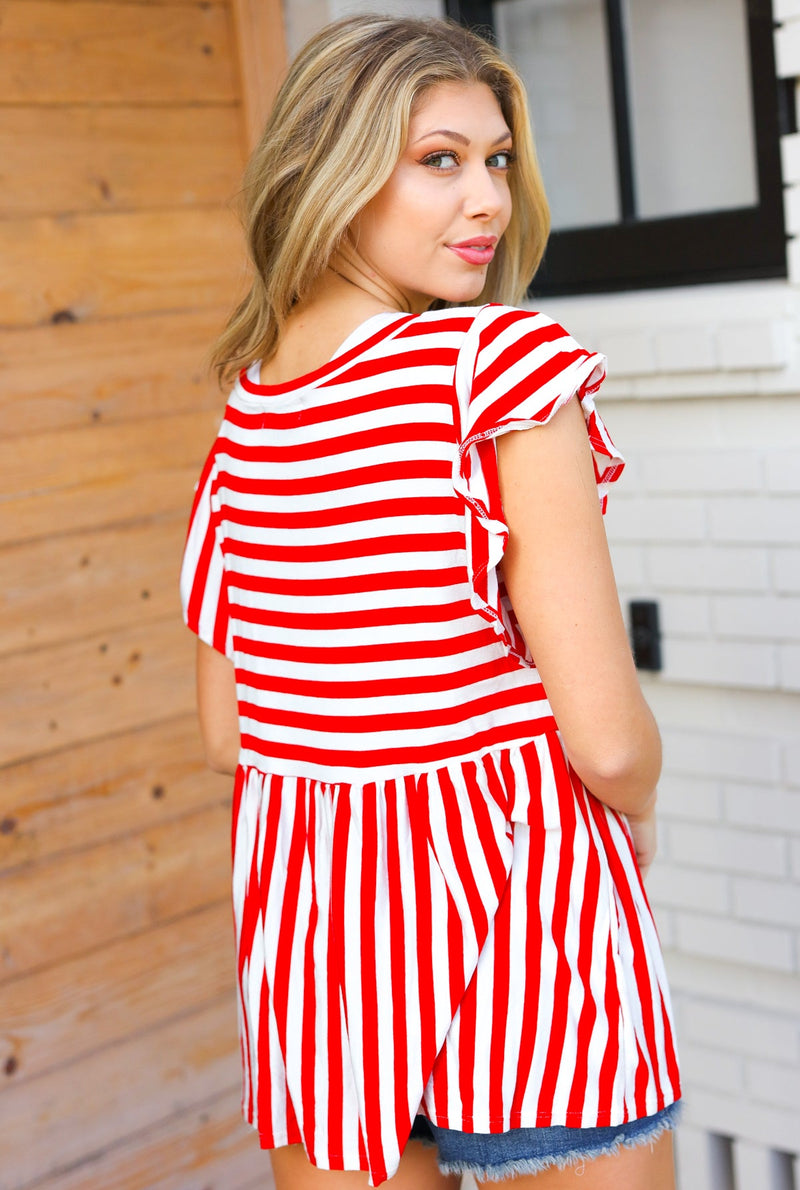 Red Stripe Babydoll Flutter Sleeve Top *online exclusive-[option4]-[option5]-Cute-Trendy-Shop-Womens-Boutique-Clothing-Store