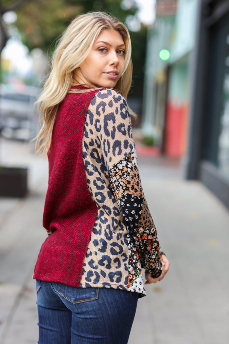 Feeling Bold Burgundy Two Tone Floral & Animal Print Top *online exclusive-[option4]-[option5]-Cute-Trendy-Shop-Womens-Boutique-Clothing-Store