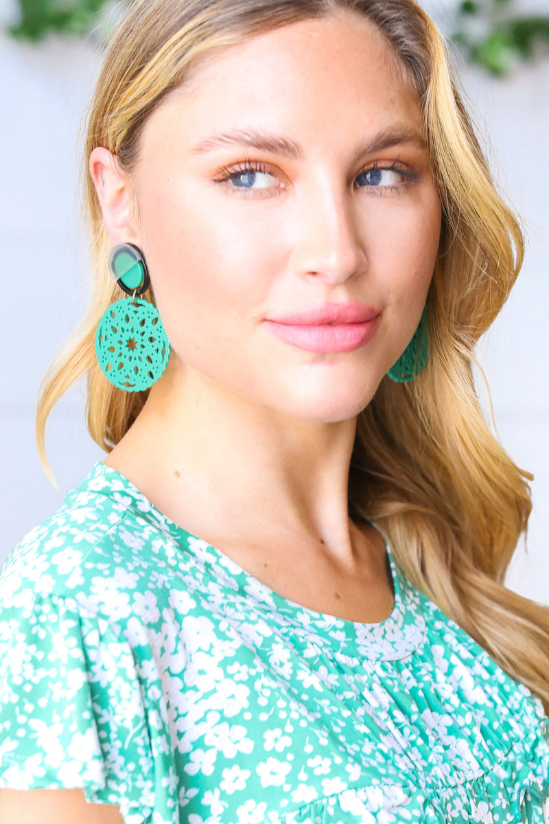 Teal Crochet Carved Disc Dangle Earrings *online exclusive-One Size Fits All-[option4]-[option5]-Cute-Trendy-Shop-Womens-Boutique-Clothing-Store
