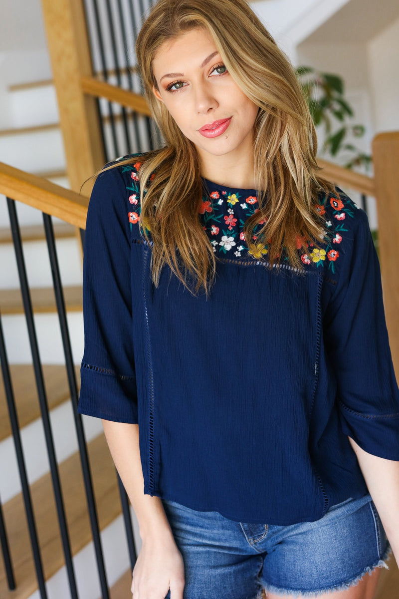 In Your Dreams Navy Floral Embroidery Ladder Trim Blouse Navy *online exclusive