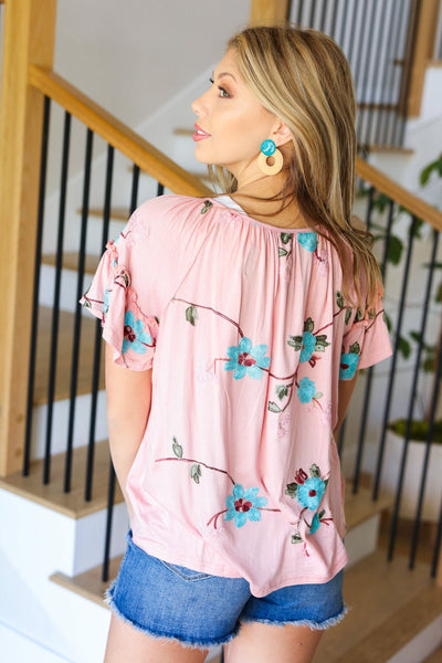 Remember Me Pink Floral Embroidery Flutter Sleeve Top *online exclusive-[option4]-[option5]-Cute-Trendy-Shop-Womens-Boutique-Clothing-Store