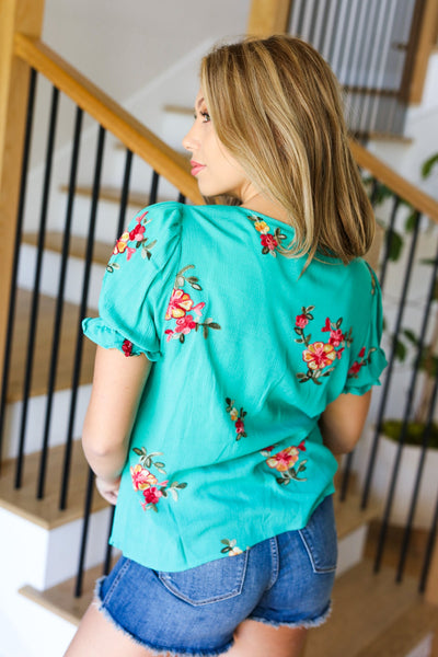 Remember Me Turquoise Floral Embroidery Button Down Top *online exclusive-[option4]-[option5]-Cute-Trendy-Shop-Womens-Boutique-Clothing-Store