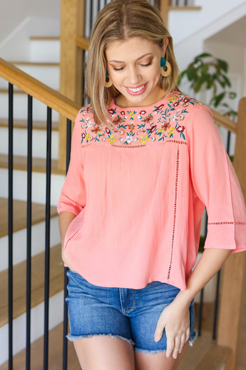 In Your Dreams Peach Floral Embroidery Ladder Trim Blouse *online exclusive