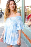 Blue Gingham Smocked Button Off Shoulder Top *online exclusive-[option4]-[option5]-Cute-Trendy-Shop-Womens-Boutique-Clothing-Store