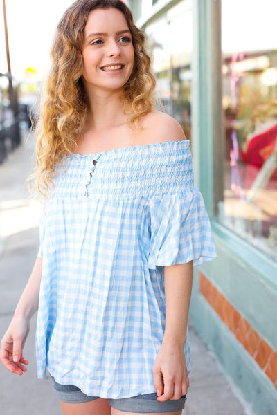 Blue Gingham Smocked Button Off Shoulder Top *online exclusive-[option4]-[option5]-Cute-Trendy-Shop-Womens-Boutique-Clothing-Store