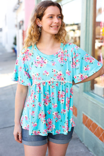 Sky Blue Three-Quarter Sleeve Floral Peplum Babydoll Top *online exclusive-[option4]-[option5]-Cute-Trendy-Shop-Womens-Boutique-Clothing-Store