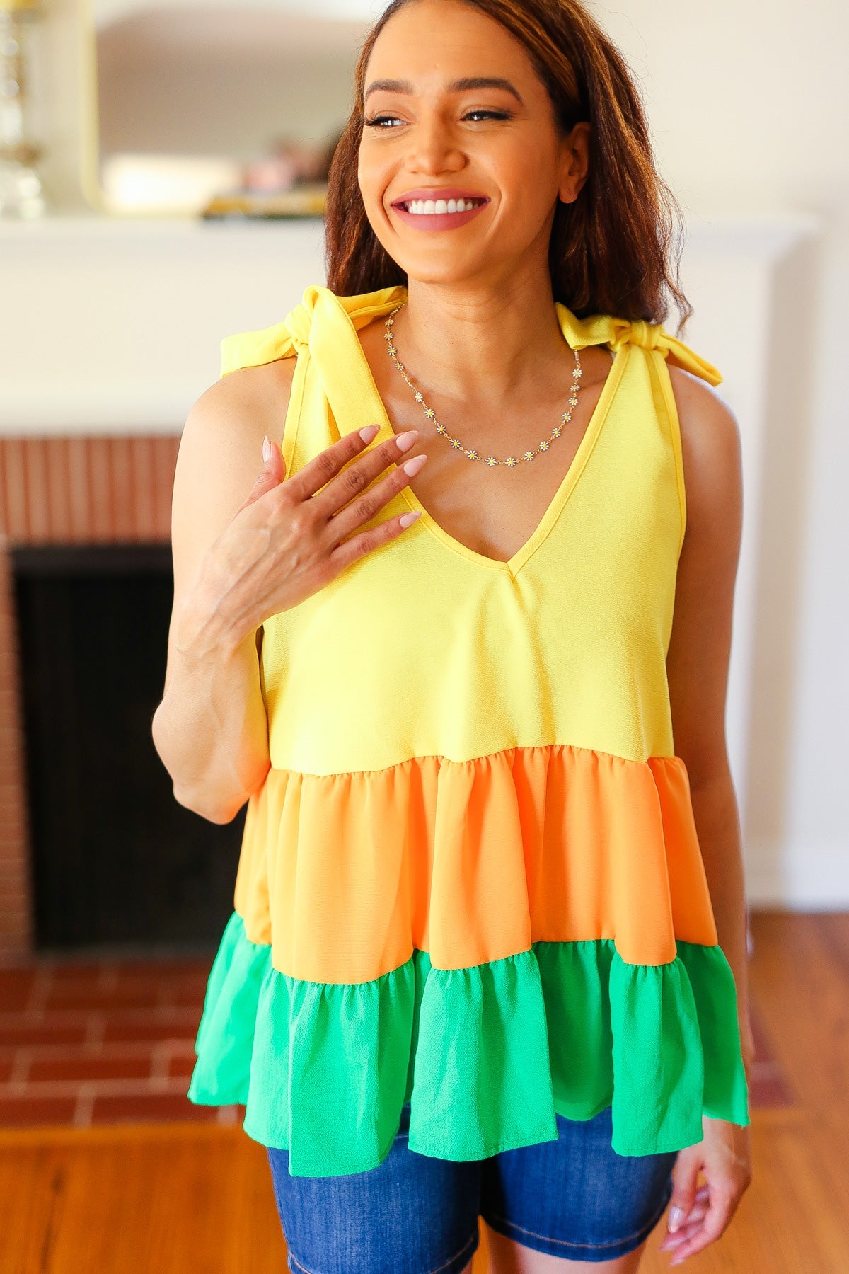 Yellow & Tangerine Tiered Shoulder Tie Crepe Top-[option4]-[option5]-Cute-Trendy-Shop-Womens-Boutique-Clothing-Store