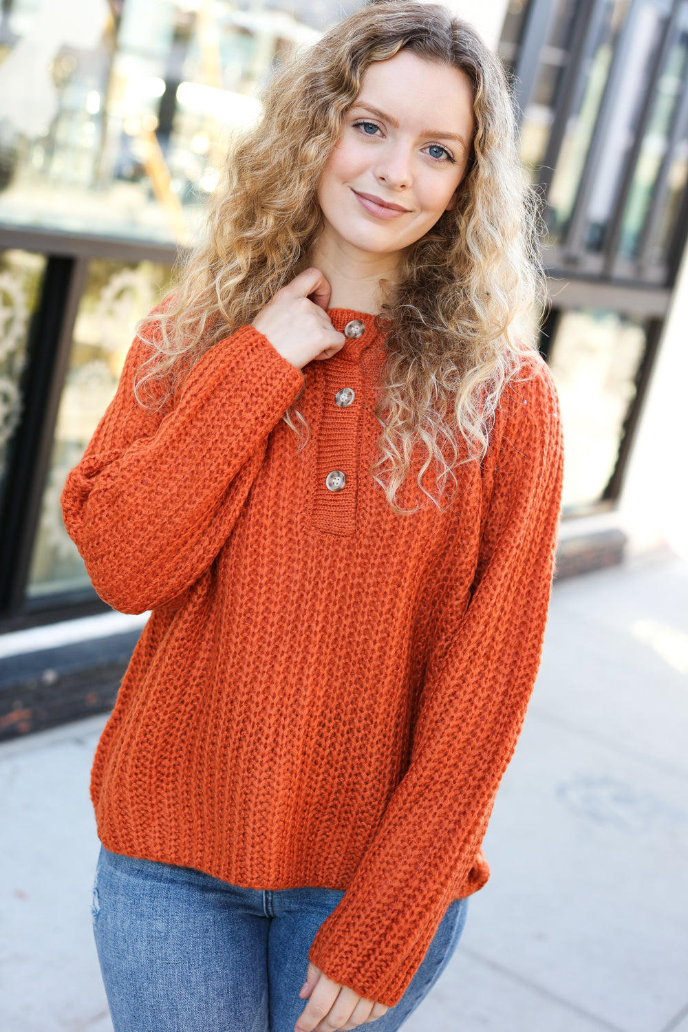 Better Than Ever Rust Loose Knit Henley Button Sweater *online exclusive-[option4]-[option5]-Cute-Trendy-Shop-Womens-Boutique-Clothing-Store