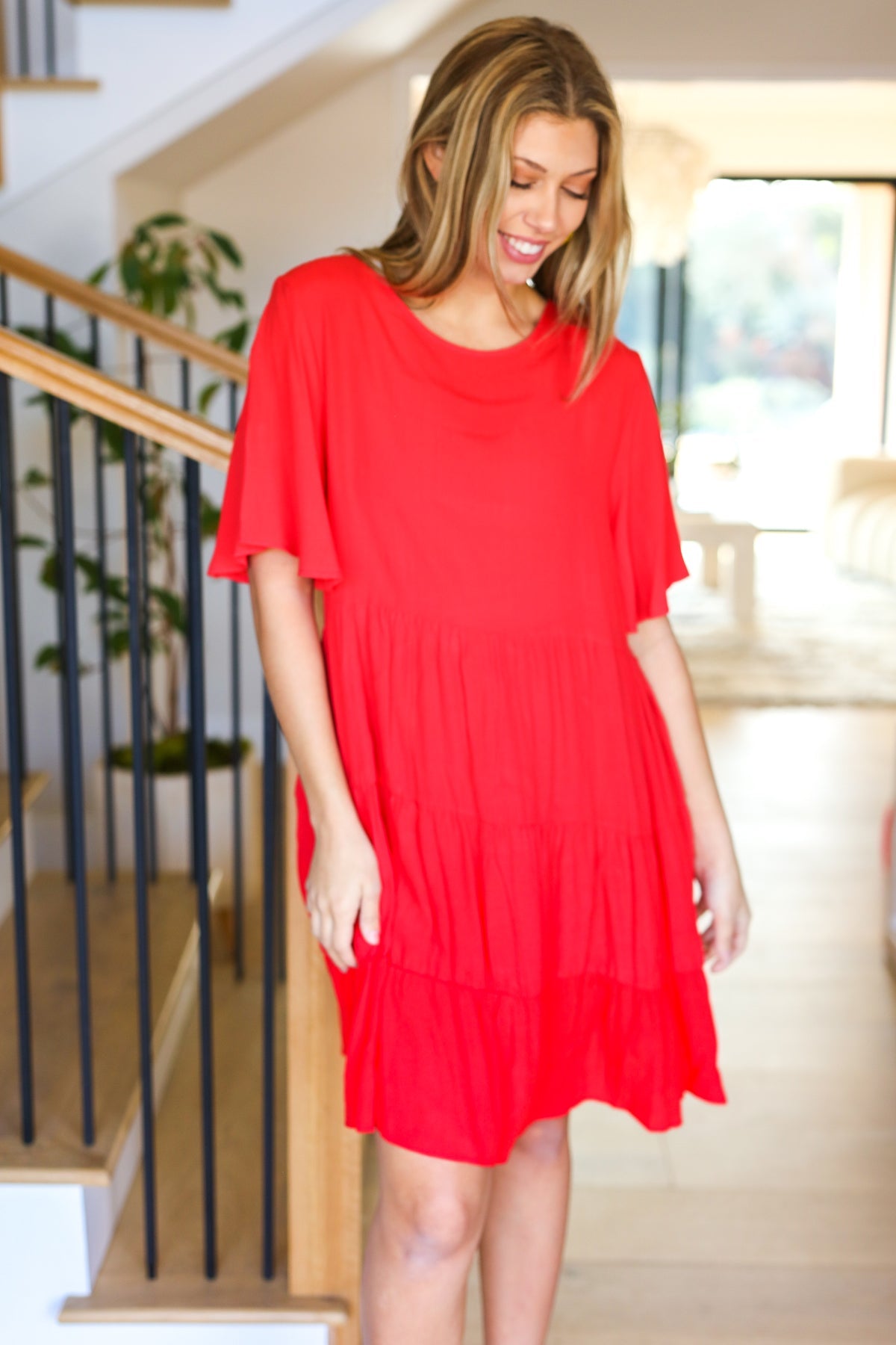 Feeling Bold Red Woven Panel Tiered Fluter Sleeve Dress *Online Exclusive-[option4]-[option5]-Cute-Trendy-Shop-Womens-Boutique-Clothing-Store
