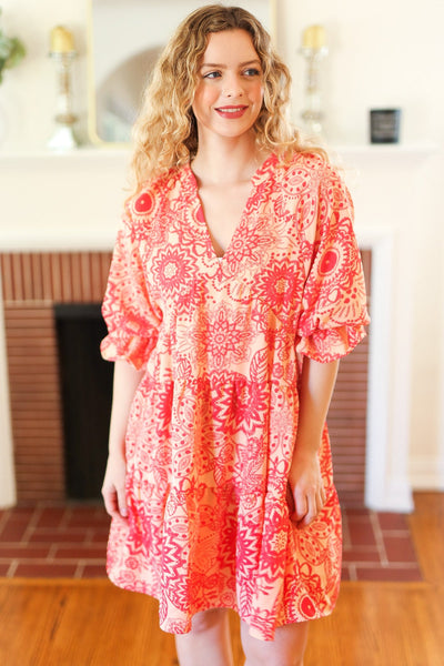 All You Need Peach & Coral Boho Floral V Neck Dress *online exclusive