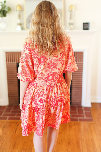 All You Need Peach & Coral Boho Floral V Neck Dress *online exclusive
