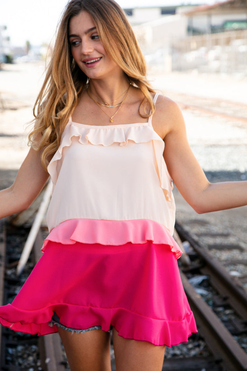 Peach/Fuchsia Ruffle Tiered Sleeveless Crepe Tank Top *online exclusive-[option4]-[option5]-Cute-Trendy-Shop-Womens-Boutique-Clothing-Store
