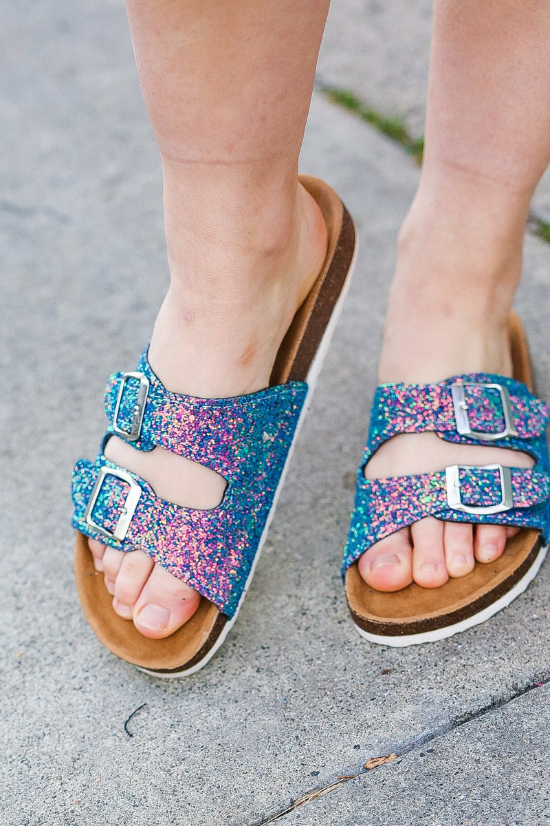 Teal Glitter Cork Bed Buckle Slip-On Sandals *online exclusive