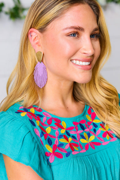 Lilac & Gold Leather Fringe Feather Earrings *online exclusive-One Size Fits All-[option4]-[option5]-Cute-Trendy-Shop-Womens-Boutique-Clothing-Store