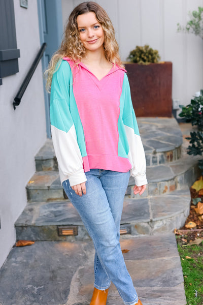 Stand Out Hot Pink & Mint V Neck Collared Terry Color Block Top *online exclusive-[option4]-[option5]-Cute-Trendy-Shop-Womens-Boutique-Clothing-Store