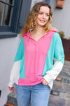 Stand Out Hot Pink & Mint V Neck Collared Terry Color Block Top *online exclusive-[option4]-[option5]-Cute-Trendy-Shop-Womens-Boutique-Clothing-Store