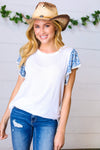 Denim & White Floral Short Flutter Sleeve Top *online exclusive-[option4]-[option5]-Cute-Trendy-Shop-Womens-Boutique-Clothing-Store
