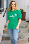 Lucky Lady Shamrock Green Sequin Puff Sleeve Knit Top *online exclusive-[option4]-[option5]-Cute-Trendy-Shop-Womens-Boutique-Clothing-Store