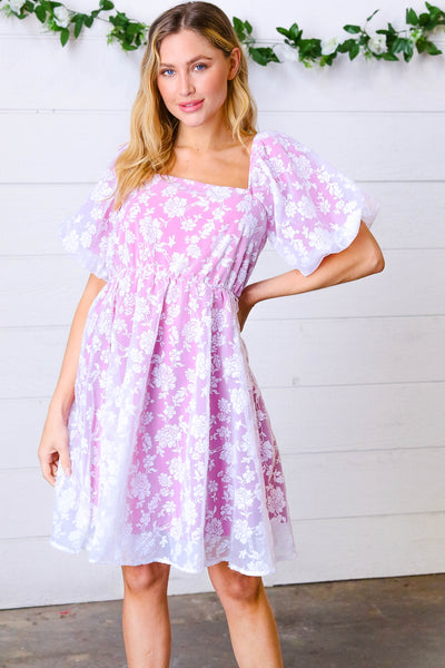 Magenta Floral Burnout Velvet Puff Sleeve Dress *online exclusive-[option4]-[option5]-Cute-Trendy-Shop-Womens-Boutique-Clothing-Store