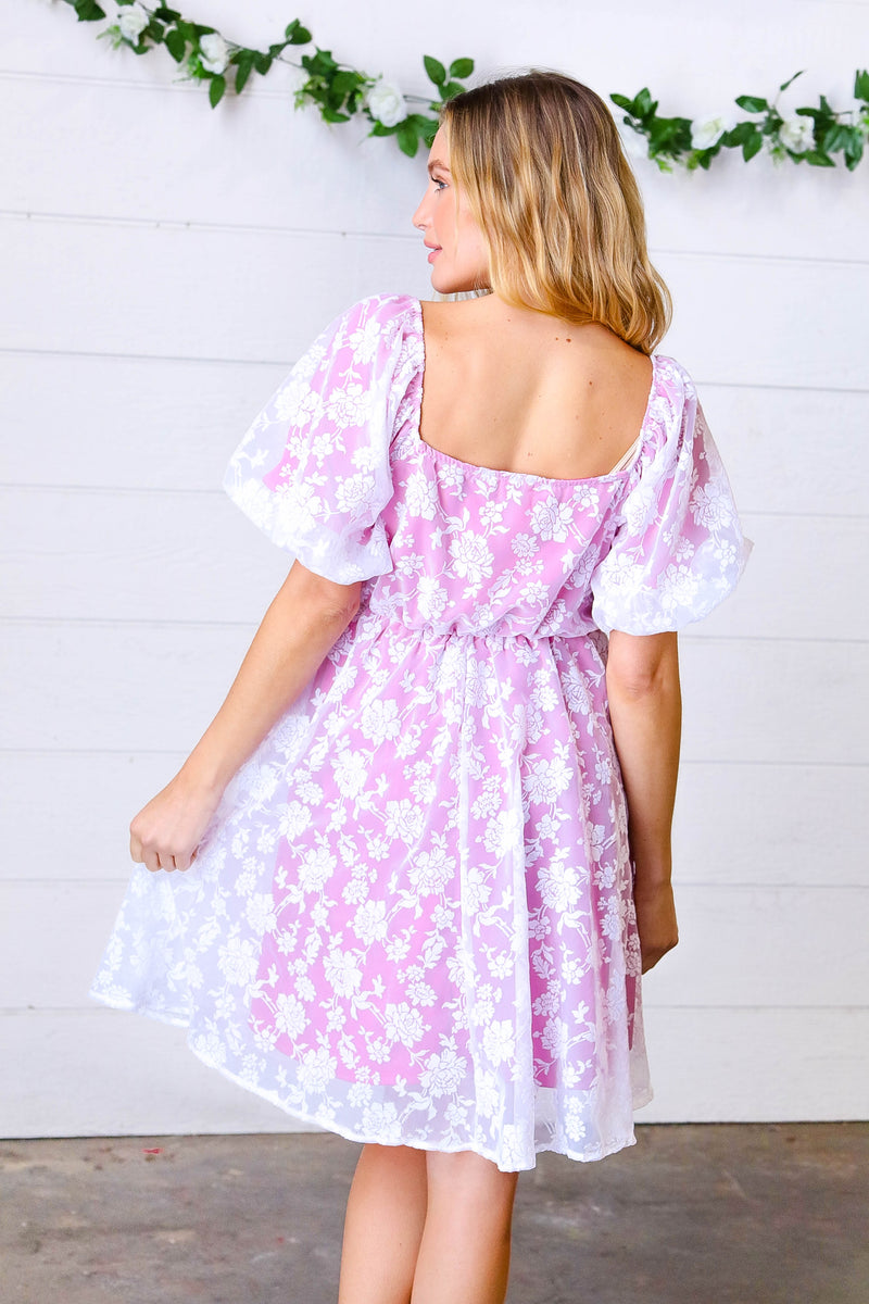 Magenta Floral Burnout Velvet Puff Sleeve Dress *online exclusive-[option4]-[option5]-Cute-Trendy-Shop-Womens-Boutique-Clothing-Store