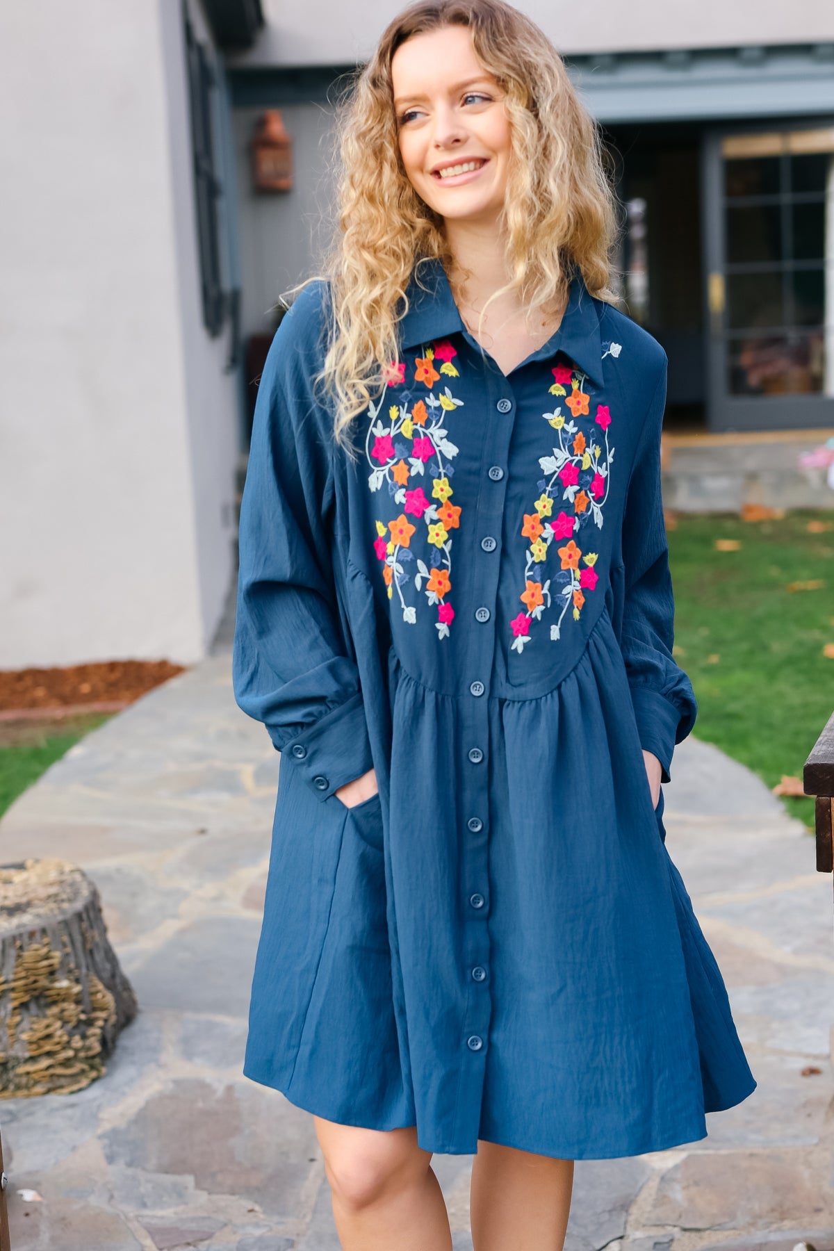 Just Imagine Navy Floral Embroidered Button Down Long Sleeve Dress *online exclusive-[option4]-[option5]-Cute-Trendy-Shop-Womens-Boutique-Clothing-Store
