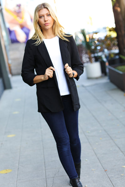 More To Love Black Notched Lapel Ruched Sleeve Blazer *online exclusive-[option4]-[option5]-Cute-Trendy-Shop-Womens-Boutique-Clothing-Store