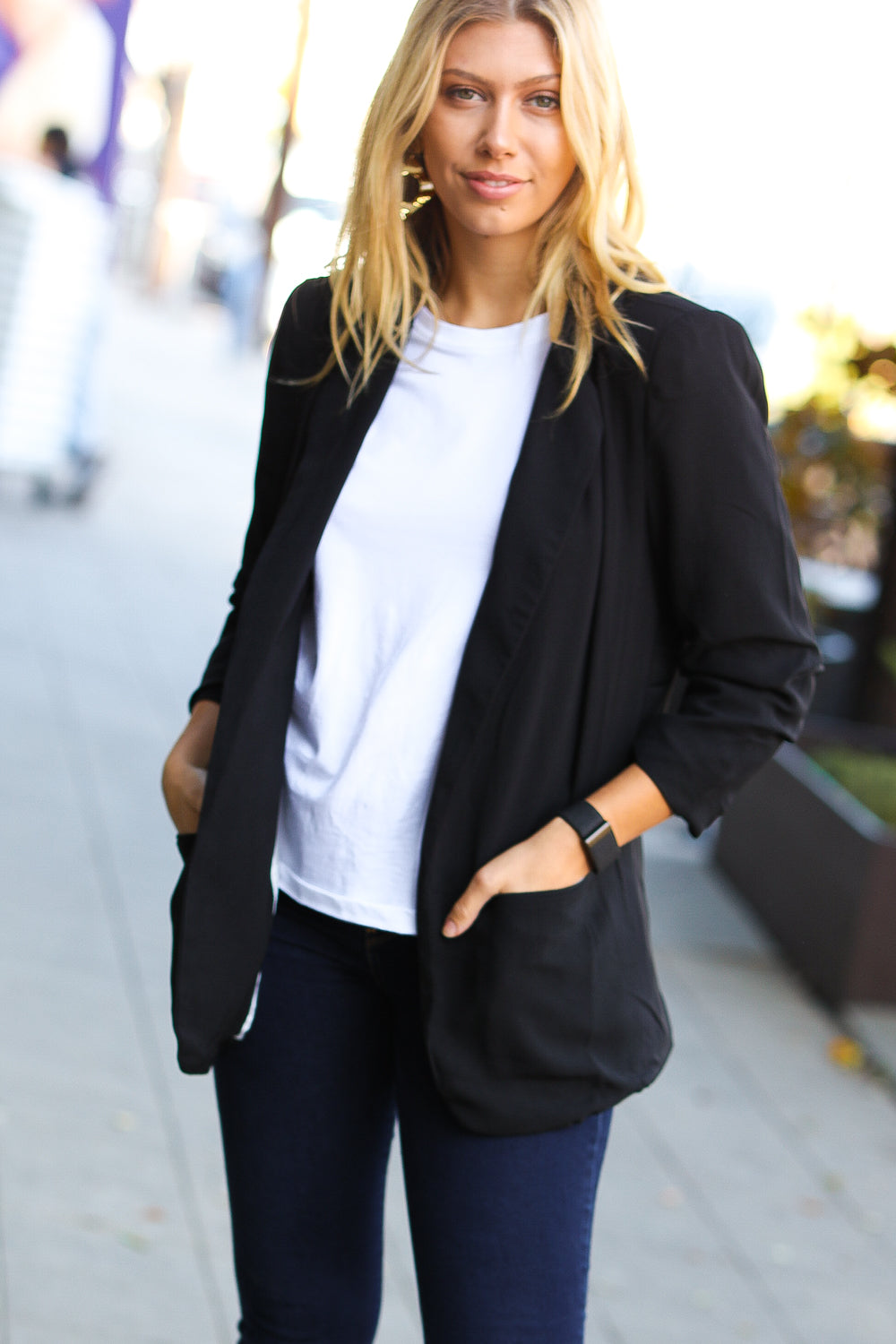 More To Love Black Notched Lapel Ruched Sleeve Blazer *online exclusive-[option4]-[option5]-Cute-Trendy-Shop-Womens-Boutique-Clothing-Store