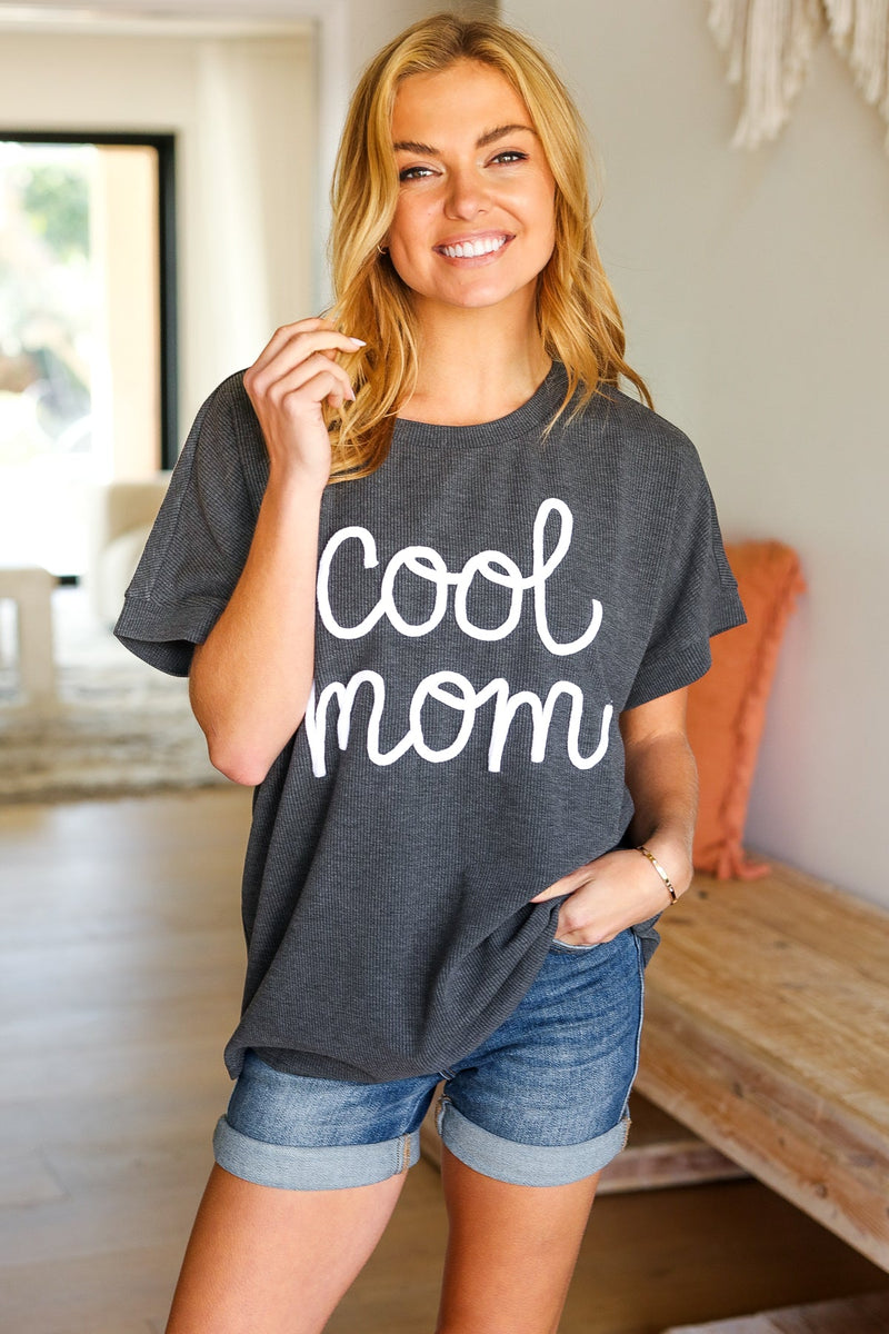 Take A Bow Charcoal "Cool Mom" Embroidery Pop-Up Rib Dolman Top *online exclusive-[option4]-[option5]-Cute-Trendy-Shop-Womens-Boutique-Clothing-Store