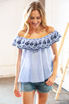 Blue/Navy Embroidered Ruffle Off Shoulder Blouse *online exclusive
