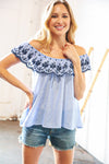 Blue/Navy Embroidered Ruffle Off Shoulder Blouse *online exclusive