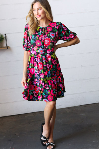Black & Fuchsia Flat Floral Tiered Front Tie Pocketed Dress *online exclusive-[option4]-[option5]-Cute-Trendy-Shop-Womens-Boutique-Clothing-Store