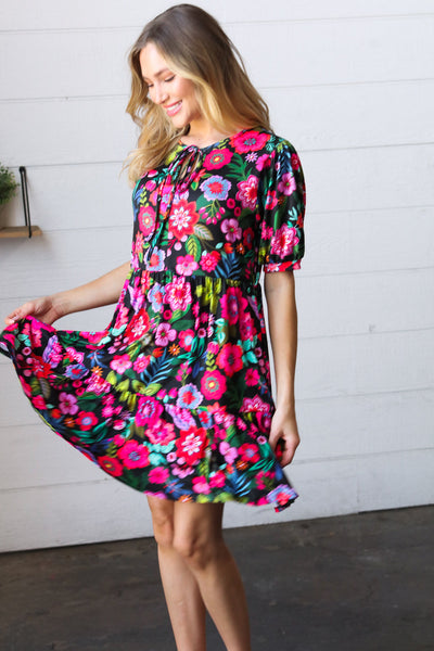 Black & Fuchsia Flat Floral Tiered Front Tie Pocketed Dress *online exclusive-[option4]-[option5]-Cute-Trendy-Shop-Womens-Boutique-Clothing-Store