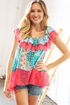 Coral Ethnic Print Lace Ruffle Hem Top *online exclusive-[option4]-[option5]-Cute-Trendy-Shop-Womens-Boutique-Clothing-Store