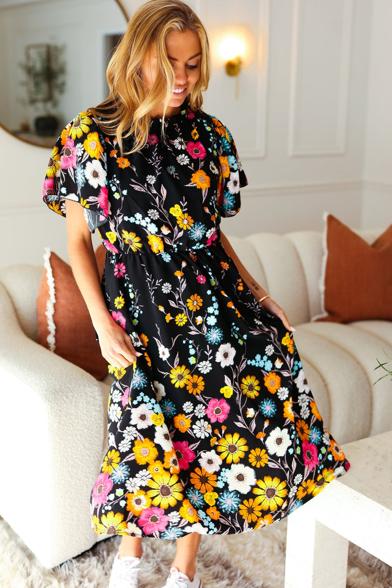 Black Floral Frill Mock Neck Flutter Sleeve Midi Dress *online exclusive-[option4]-[option5]-Cute-Trendy-Shop-Womens-Boutique-Clothing-Store