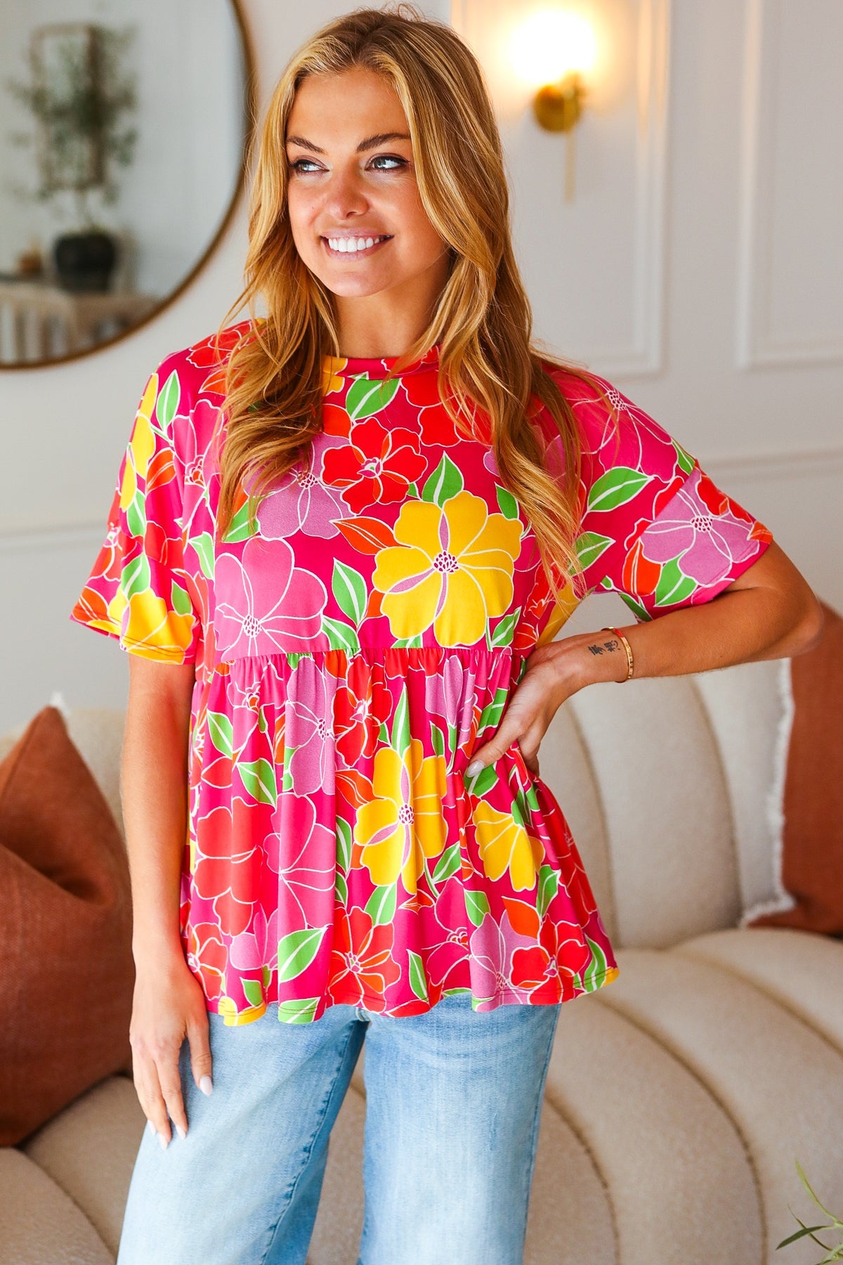 Time For Sun Fuchsia Floral Drop Shoulder Babydoll Top *online exclusive