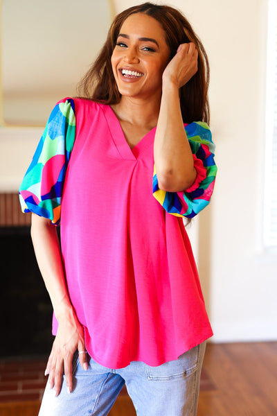 Tell Your Story Fuchsia Geo Print Puff Sleeve V Neck Top *online exclusive