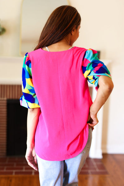 Tell Your Story Fuchsia Geo Print Puff Sleeve V Neck Top *online exclusive-[option4]-[option5]-Cute-Trendy-Shop-Womens-Boutique-Clothing-Store