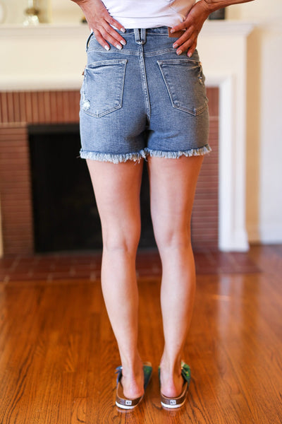 Judy Blue Medium Blue High Rise Buttonfly Frayed Hem Shorts *online exclusive-[option4]-[option5]-Cute-Trendy-Shop-Womens-Boutique-Clothing-Store