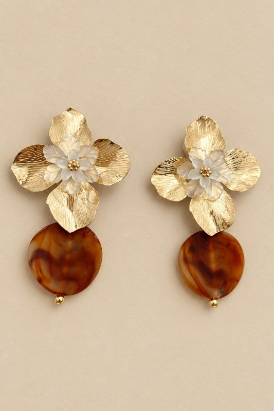 Gilded Floral & Amber Resin Drop Earrings
