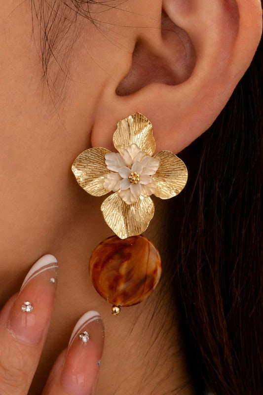 Gilded Floral & Amber Resin Drop Earrings