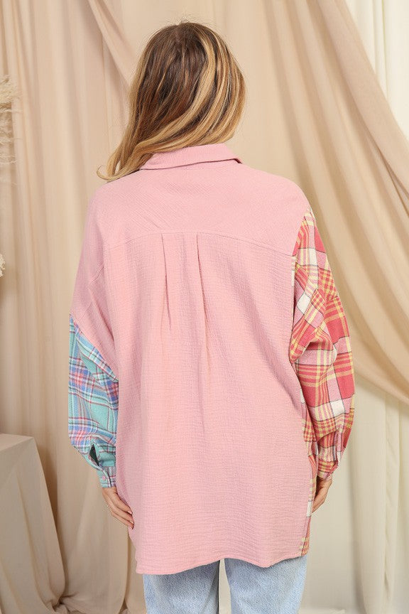Sweetheart Patchwork Plaid Button-Up Top-Cute-Trendy-Shop-Womens-Boutique-Clothing-Store