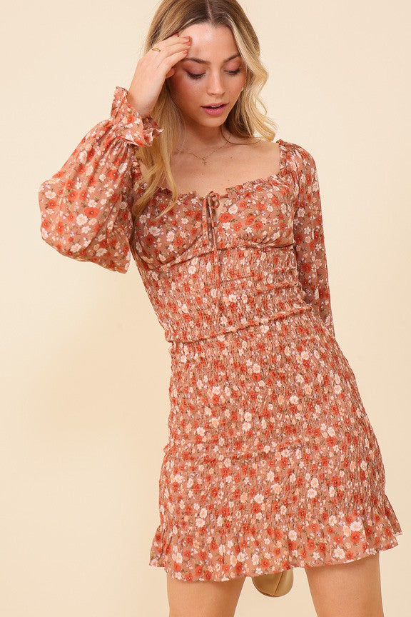 Harvest Bloom Floral Smocked Mini Dress-Cute-Trendy-Shop-Womens-Boutique-Clothing-Store