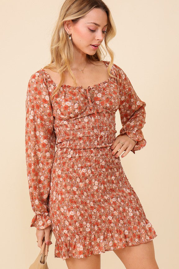 Harvest Bloom Floral Smocked Mini Dress-Cute-Trendy-Shop-Womens-Boutique-Clothing-Store