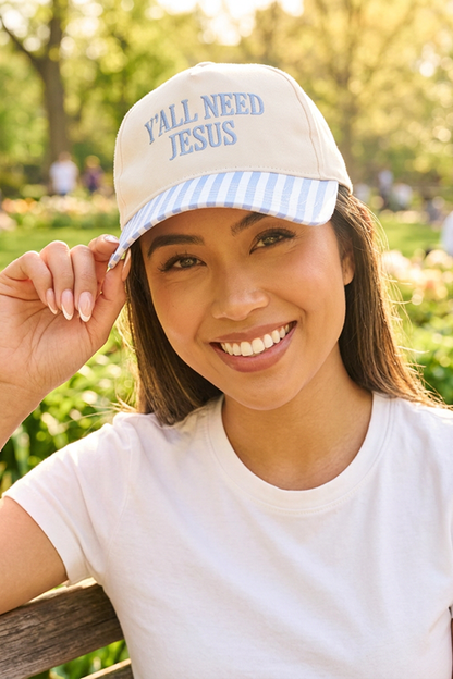"Y'all Need Jesus" Stripe Baseball Cap-Blue-[option4]-[option5]-Cute-Trendy-Shop-Womens-Boutique-Clothing-Store