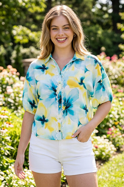 Painted Petals Button-Down Top-Turquoise-SMALL-Cute-Trendy-Shop-Womens-Boutique-Clothing-Store